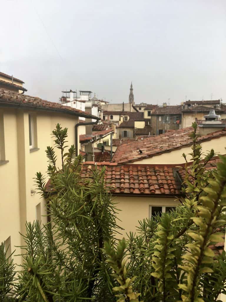 The roof terrace of the hotel with foligae as well as a view of the terracota Florentine rooftops and a grey skies.