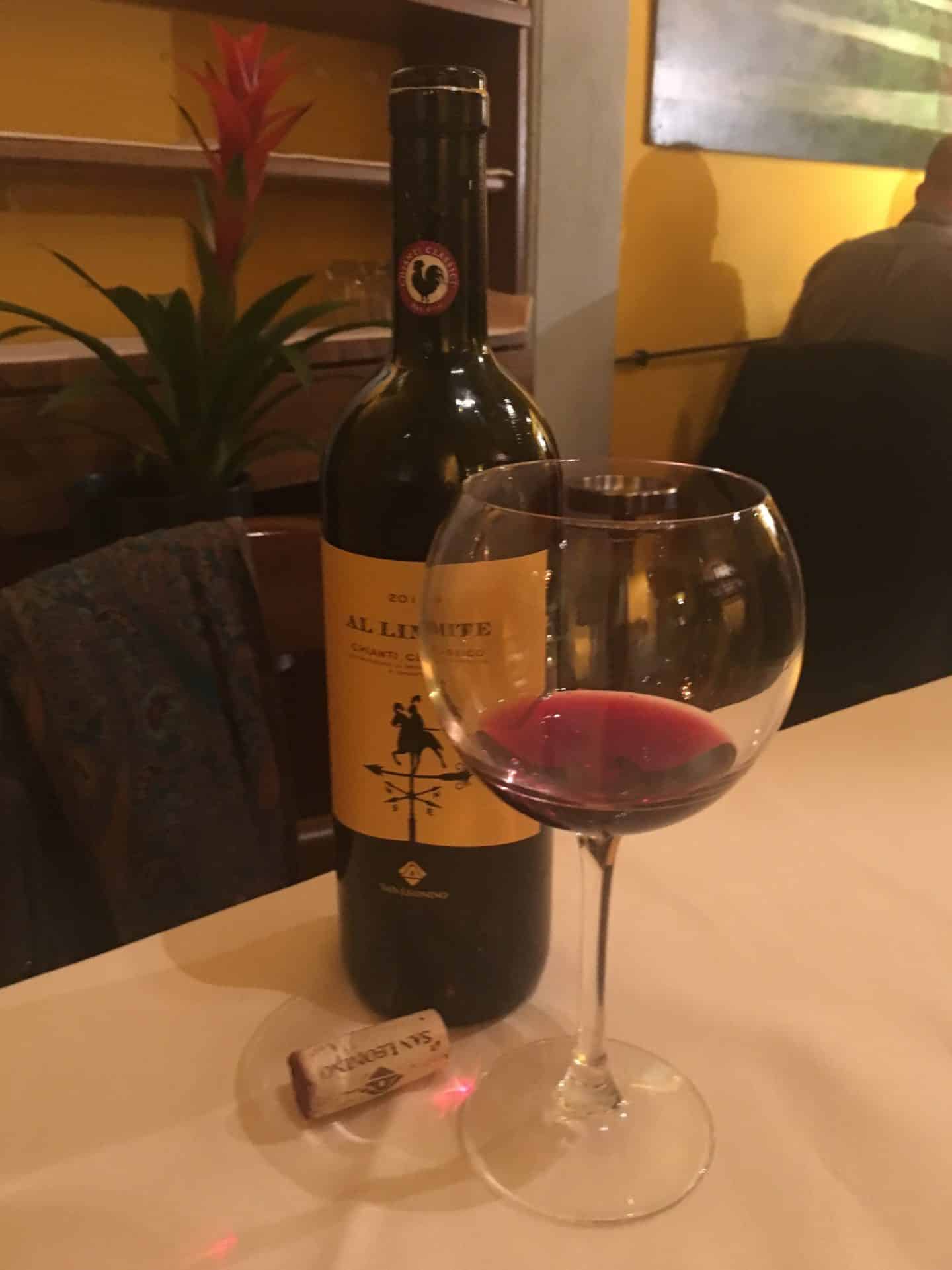 Fine dining restaurants in Florence - A bottle of red wine and a glass at Parione.