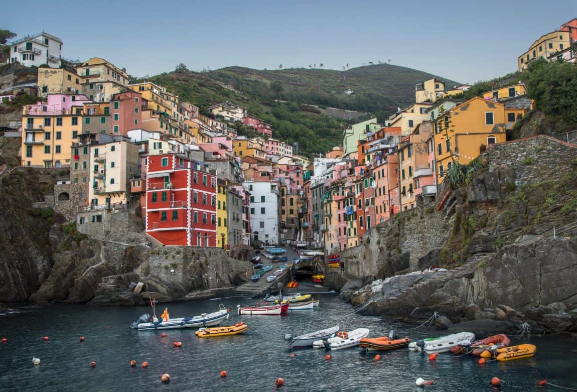 Riomaggiore Harbour with boats and colourful buildings, Cinque Terre