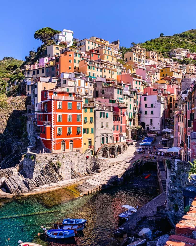 Riomaggiore Harbour with colourful buildings and fishing boats