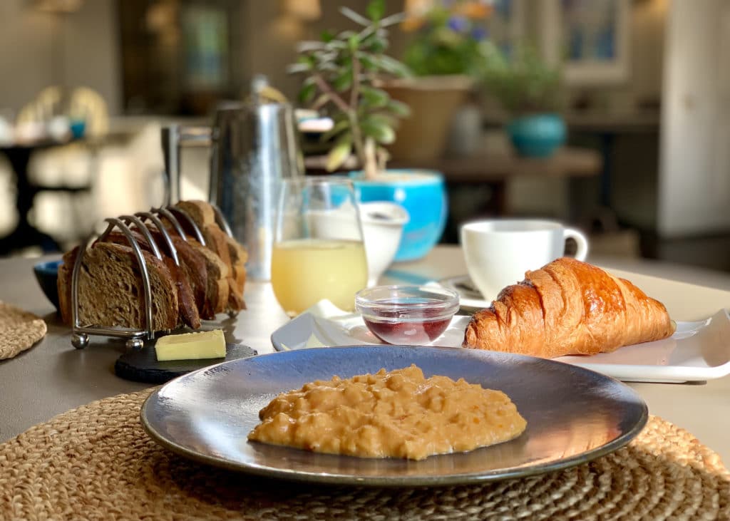 Croissants and scrambled egg breakfast