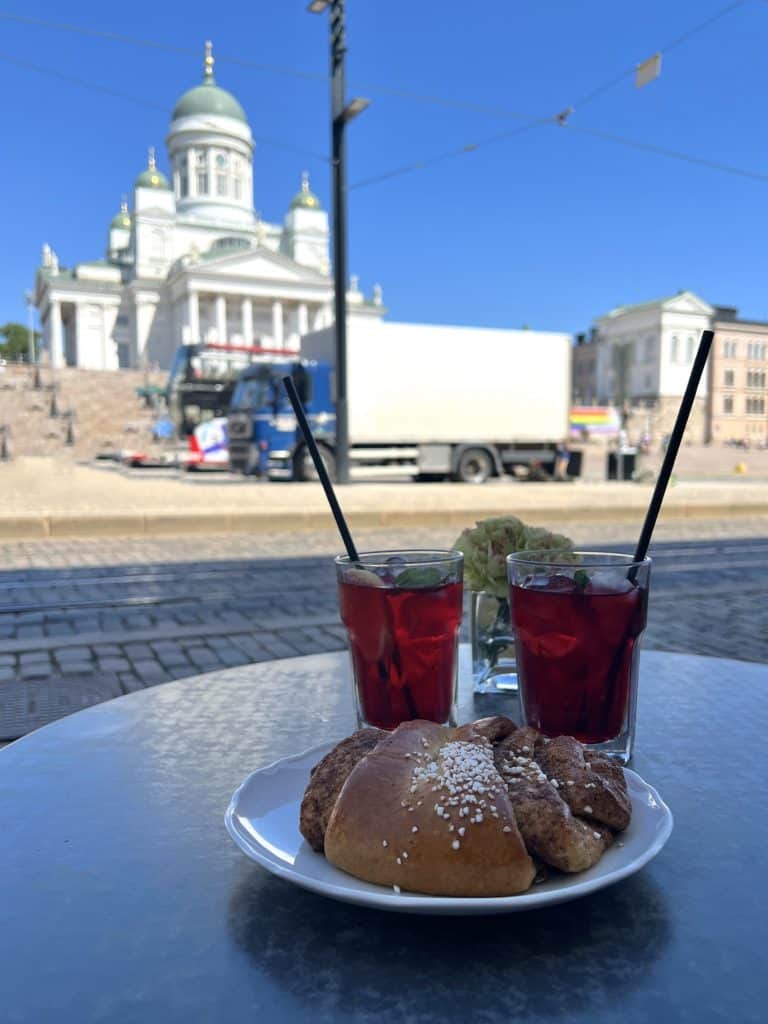 Cafes in Helsinki: Cafe Engel view with iced tea and cinnamon bun