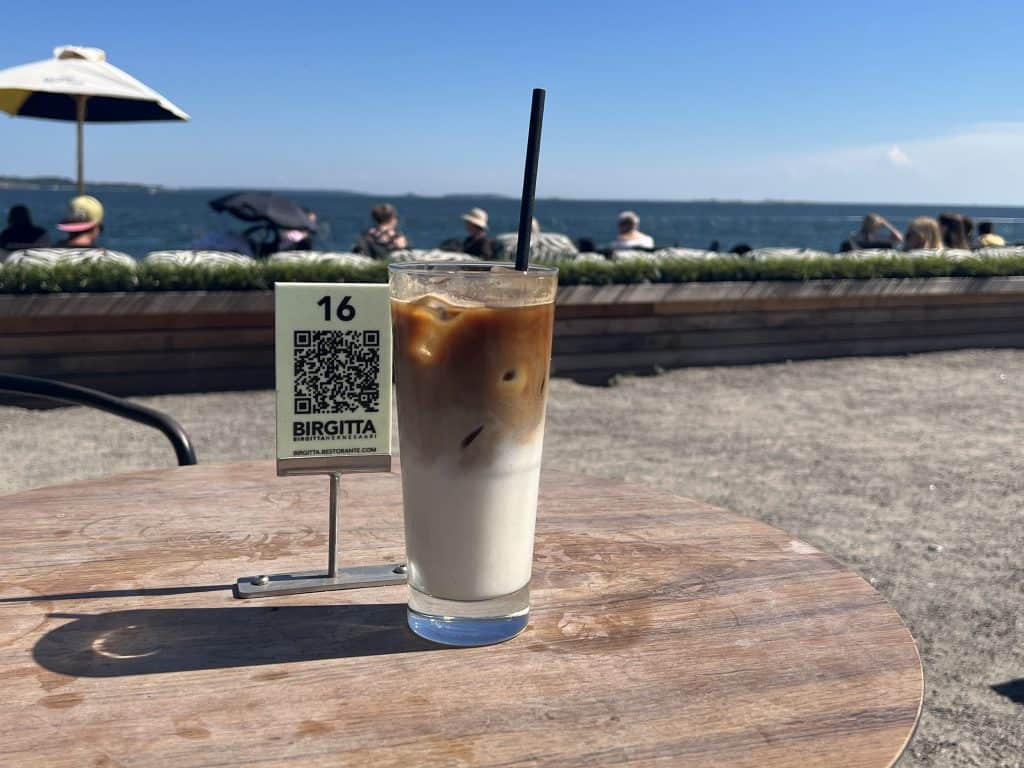 Cafe Birgitta iced coffee with sea views