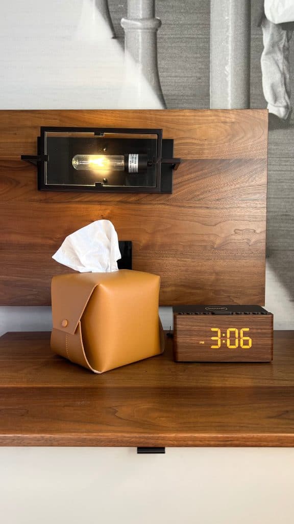 Tissue box and alarm clock in Loft Suite