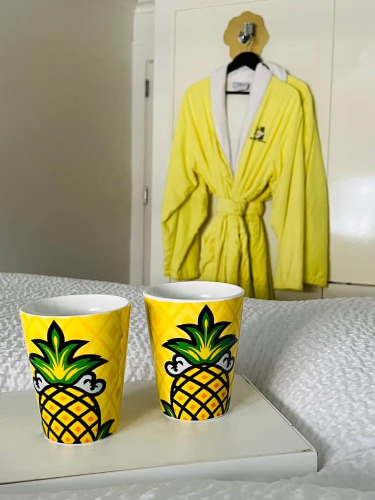 Staypineapple hotel dressing gowns and pineapple themed mugs