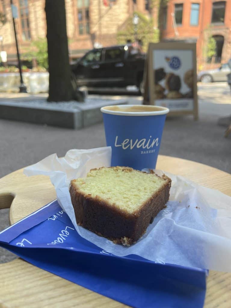 Cafes and Brunch Spots in Boston: Levain. bakery lemon cake and latte