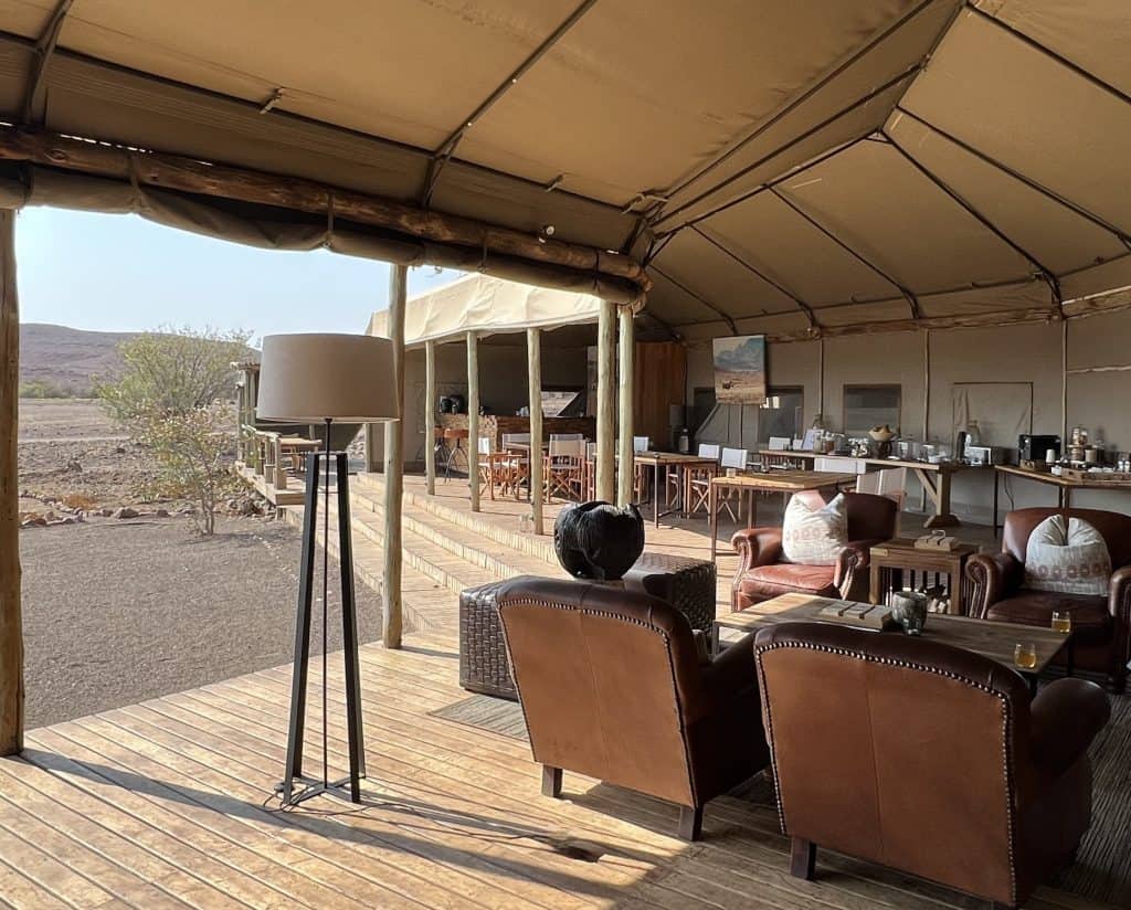 Eco-friendly Lodges in Namibia: Desert Rhino Camp: Dining and Lounge area